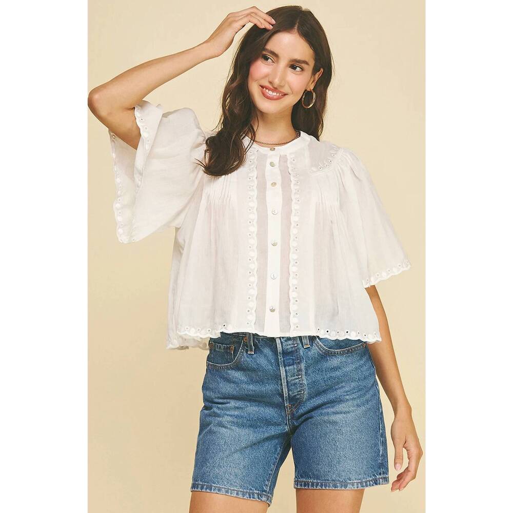NEW PINCH eyelet button down blouse in white